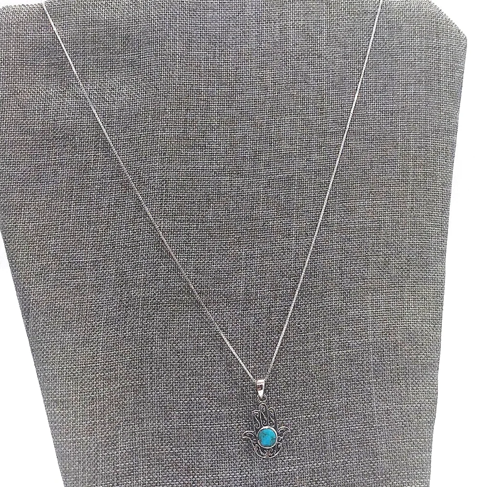 Sterling Silver Filagree Hamsa Hand Genuine Turquoise Pendant Necklace - ITALY - Picture 5 of 7